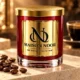 Ruby red MAISON NOOR candle with gold lid and label on ivory stone beside roasted coffee beans.