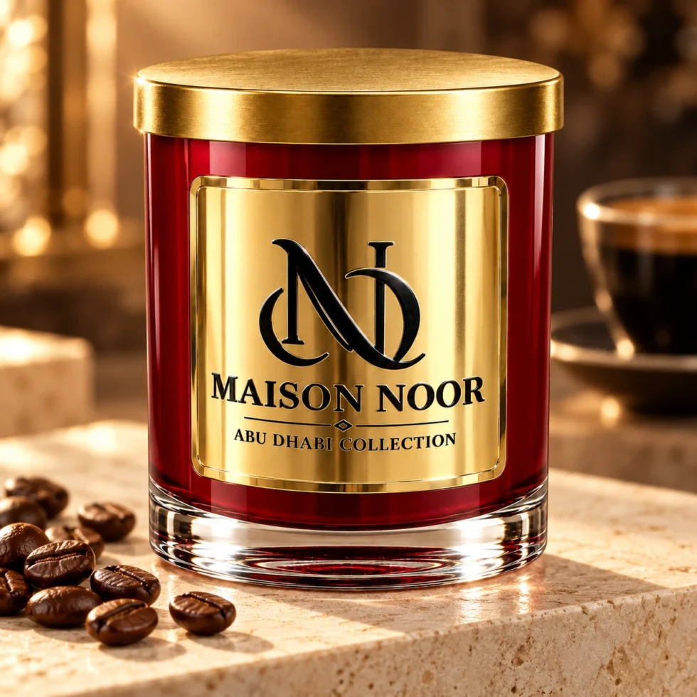 Ruby red MAISON NOOR candle with gold lid and label on ivory stone beside roasted coffee beans.