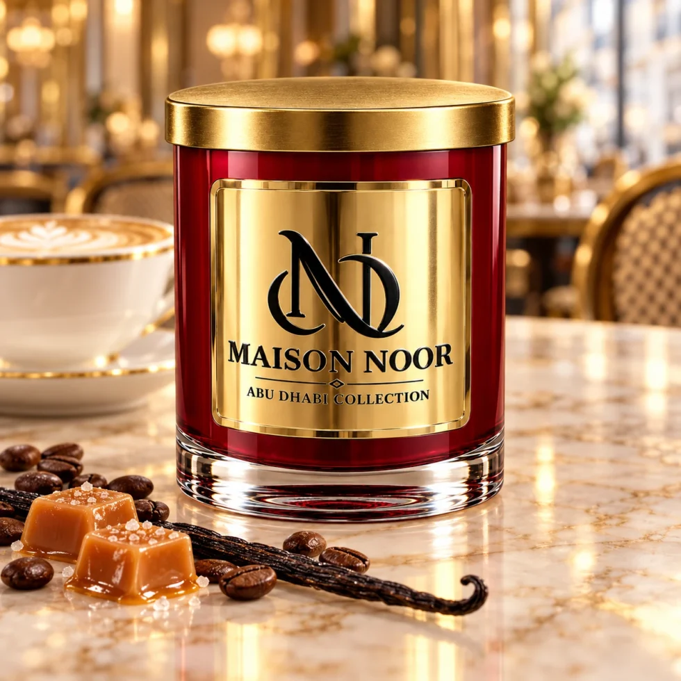 Red MAISON NOOR candle with gold lid on marble beside coffee beans, caramel and vanilla, with a latte behind.
