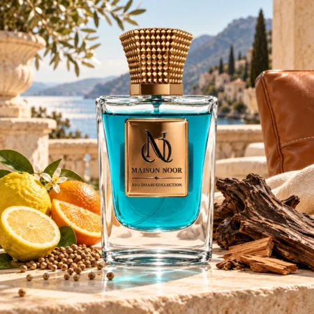 Maison Noor turquoise perfume bottle with bergamot, orange, oud, cedarwood and coriander on an Italian limestone terrace