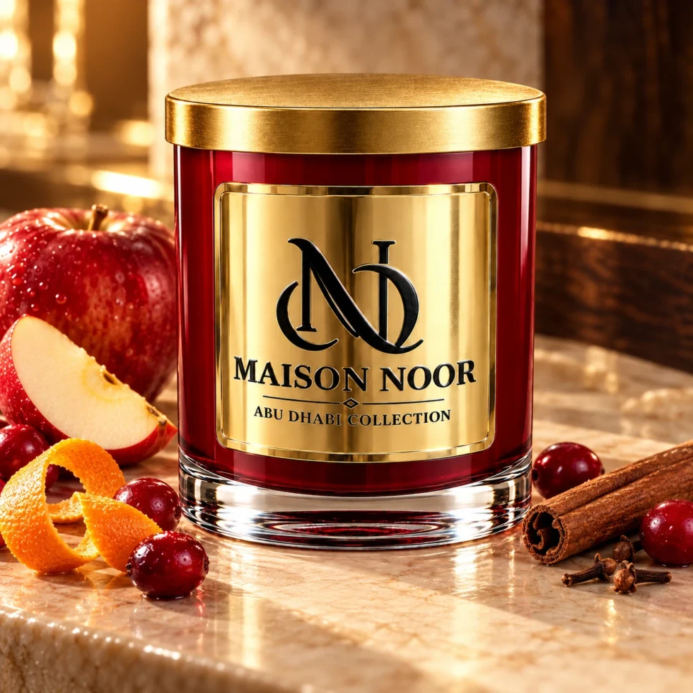 Red MAISON NOOR candle with gold lid beside apple, cranberries, orange peel, cinnamon and cloves on ivory stone.