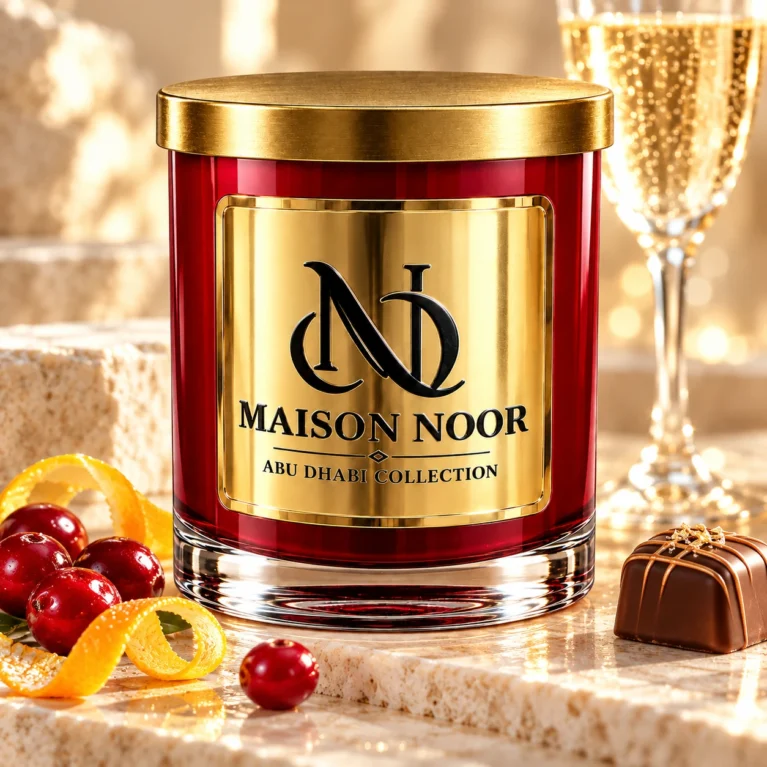 Red MAISON NOOR candle with gold lid beside cranberries, citrus peel and a praline, with a sparkling wine glass behind.