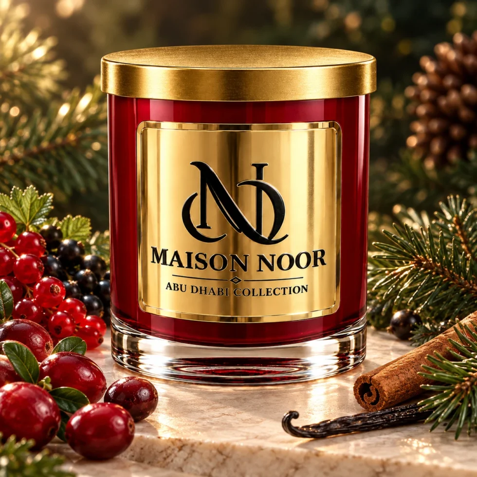 Red MAISON NOOR candle with gold lid framed by cranberries, currants, cinnamon, vanilla and evergreen sprigs.