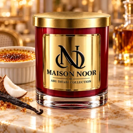 Red MAISON NOOR candle with gold lid on marble beside creme brulee, coconut and vanilla, with an amber glass behind.