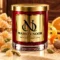 Red MAISON NOOR candle with gold lid surrounded by crystallized ginger, cardamom, citrus peel and nutmeg on ivory stone.