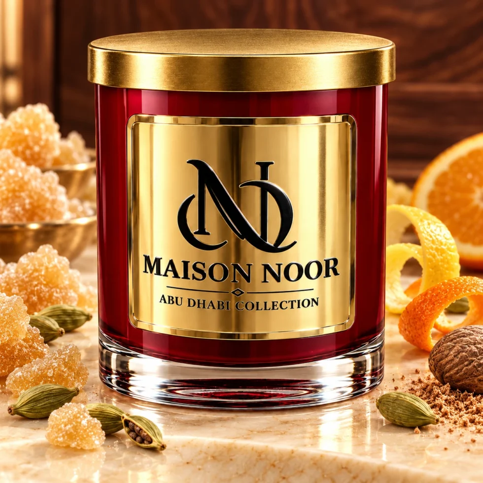 Red MAISON NOOR candle with gold lid surrounded by crystallized ginger, cardamom, citrus peel and nutmeg on ivory stone.
