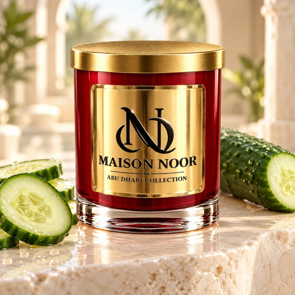 Red MAISON NOOR candle with gold lid on pale stone beside fresh cucumber slices in soft daylight.