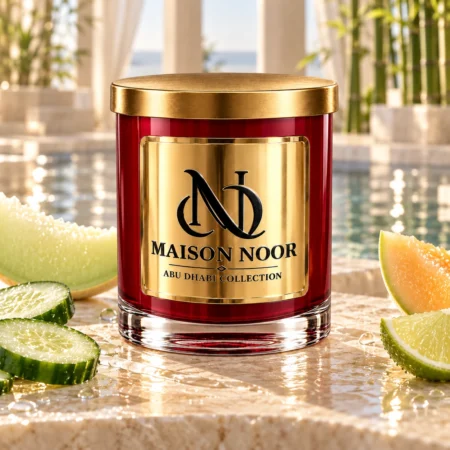 Red MAISON NOOR candle with gold lid beside cucumber, honeydew, cantaloupe and lime, with water and bamboo behind.
