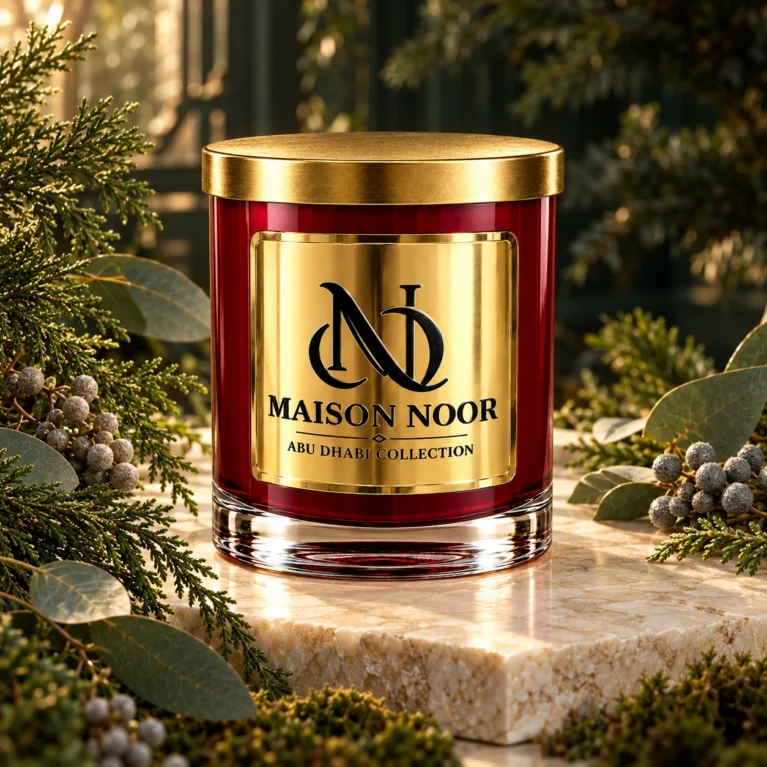 Red MAISON NOOR candle with gold lid on ivory stone framed by cypress, eucalyptus, gray bayberries and moss.