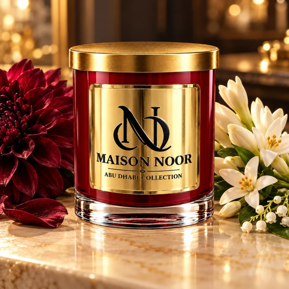 Red MAISON NOOR candle with gold lid on ivory stone beside burgundy dahlia, white tuberose, orange blossom and lily of the valley.