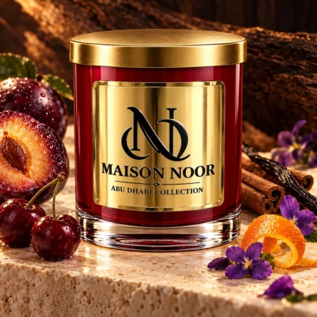 Red MAISON NOOR candle with gold lid beside plum, cherries, orange peel, violets, cinnamon and vanilla against dark wood.