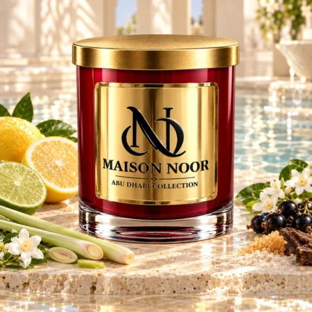 Red MAISON NOOR candle with gold lid beside lemon, lime, lemongrass, jasmine and black currants in a bright spa setting.