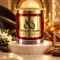 Red MAISON NOOR candle with gold lid on an ivory pedestal beside jasmine, tonka beans and sandalwood in warm amber light.