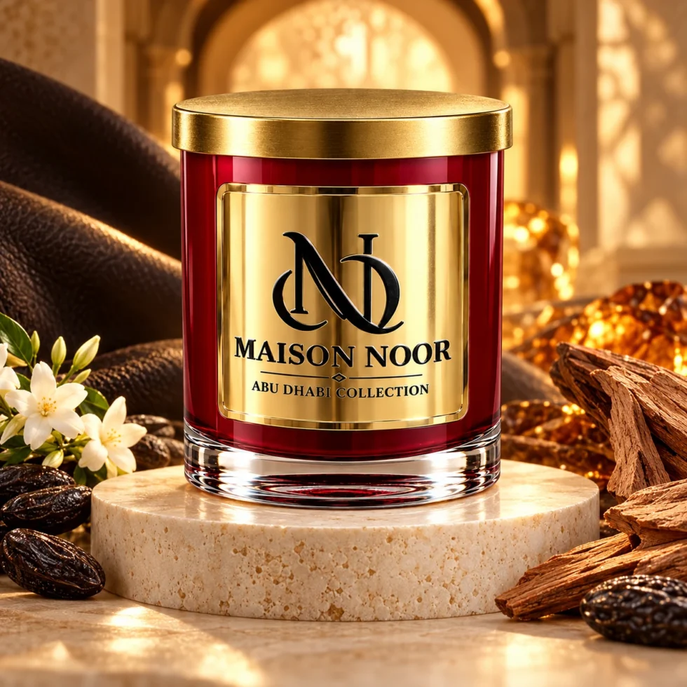 Red MAISON NOOR candle with gold lid on an ivory pedestal beside jasmine, tonka beans and sandalwood in warm amber light.