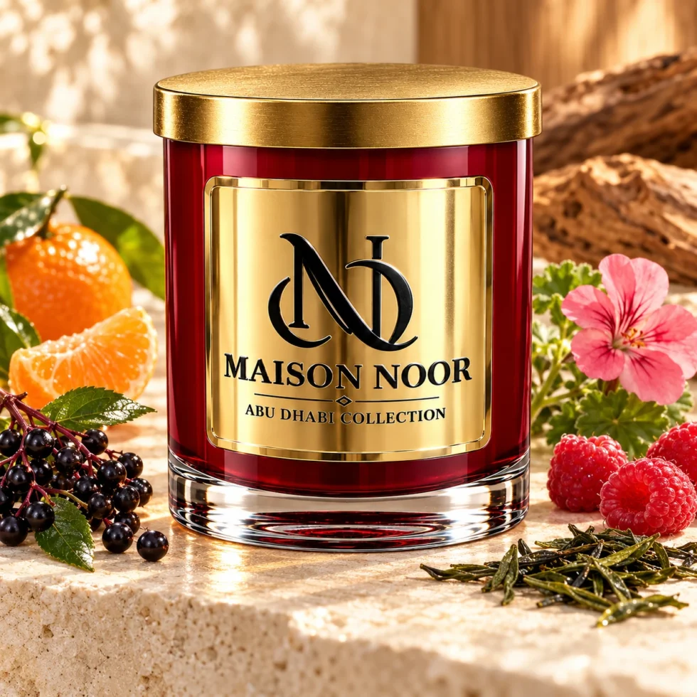 Red MAISON NOOR candle with gold lid beside elderberries, mandarin, raspberries, green tea and pink geranium on ivory stone.