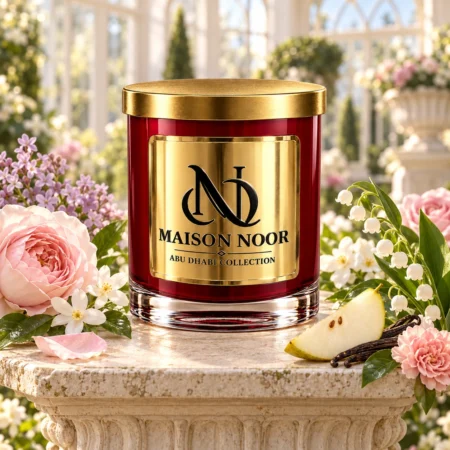 Red MAISON NOOR candle with gold lid surrounded by rose, jasmine, lilac, lily of the valley, carnation and pear in a bright conservatory.