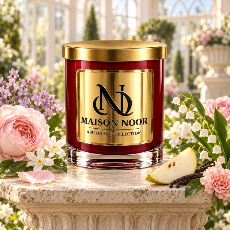 Red MAISON NOOR candle with gold lid surrounded by rose, jasmine, lilac, lily of the valley, carnation and pear in a bright conservatory.
