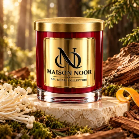 Red MAISON NOOR candle with gold lid on ivory stone beside enoki mushrooms, moss, wood and citrus peel in a forest setting.