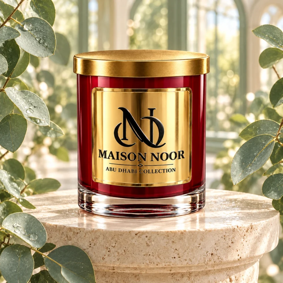Red MAISON NOOR candle with gold lid on an ivory pedestal framed by eucalyptus leaves in soft daylight.