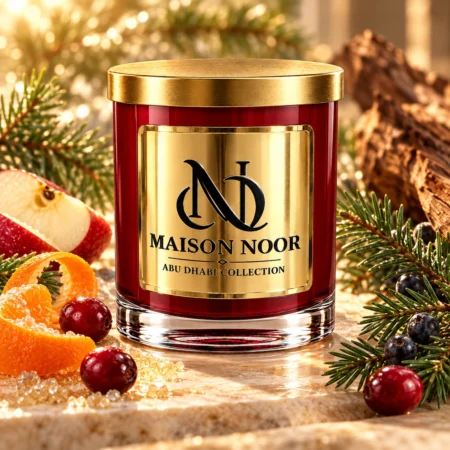Red MAISON NOOR candle with gold lid beside apple, mandarin, cranberries, fir and juniper on ivory stone.