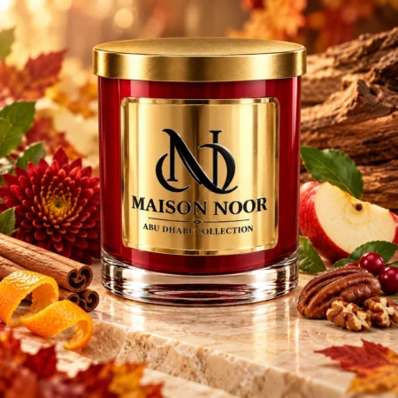 Red MAISON NOOR candle with gold lid beside chrysanthemum, apple, pecans, cinnamon and citrus peel among autumn leaves.