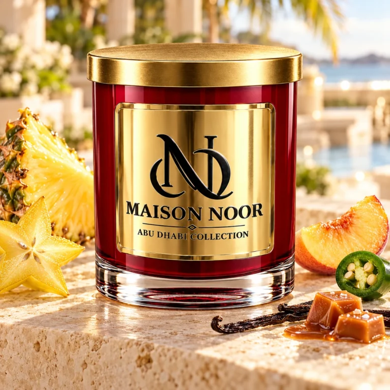 Red MAISON NOOR candle with gold lid beside pineapple, starfruit, peach, jalapeno, vanilla and caramel in a tropical terrace setting.