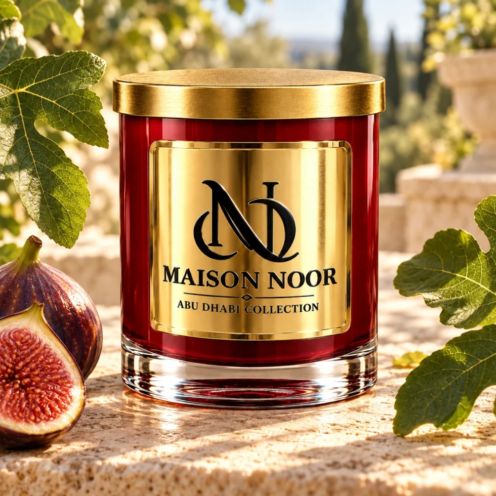 Red MAISON NOOR candle with gold lid on ivory stone beside fresh figs and green fig leaves in warm daylight.