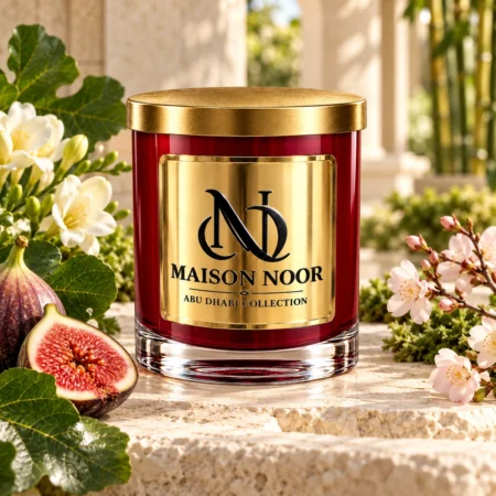 Red MAISON NOOR candle with gold lid beside figs, green fig leaves, freesia and cherry blossom in a bright garden setting.