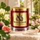 Red MAISON NOOR candle with gold lid beside figs, green fig leaves, freesia and cherry blossom in a bright garden setting.