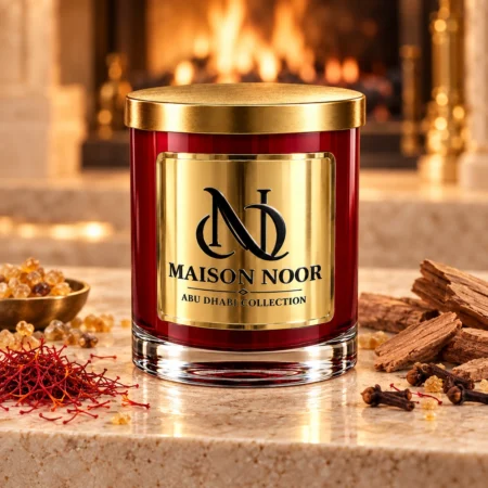 Red MAISON NOOR candle with gold lid beside saffron, cloves, sandalwood and incense resin, with a softly blurred fireplace behind.