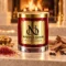 Red MAISON NOOR candle with gold lid beside saffron, cloves, sandalwood and incense resin, with a softly blurred fireplace behind.