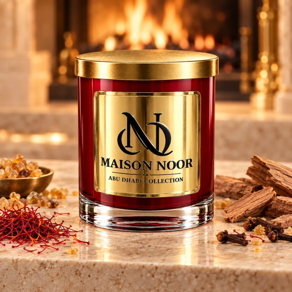 Red MAISON NOOR candle with gold lid beside saffron, cloves, sandalwood and incense resin, with a softly blurred fireplace behind.