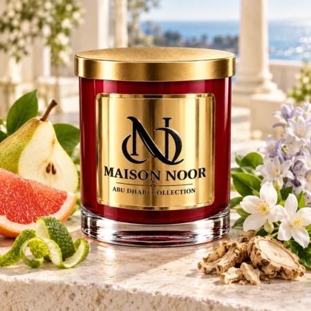 Red MAISON NOOR candle with gold lid beside pear, grapefruit, bergamot peel, jasmine, hyacinth and orris root in an airy coastal setting.