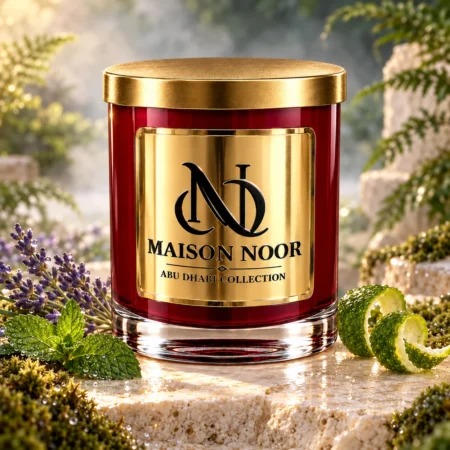 Red MAISON NOOR candle with gold lid beside lavender, mint, bergamot peel and moss in a softly misted garden.