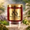Red MAISON NOOR candle with gold lid beside lavender, mint, bergamot peel and moss in a softly misted garden.