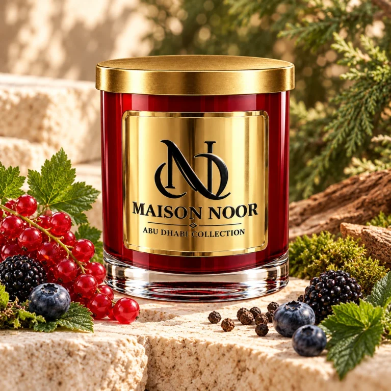 Red MAISON NOOR candle with gold lid beside red currants, blackberries, blueberries, peppercorns and moss on ivory stone.
