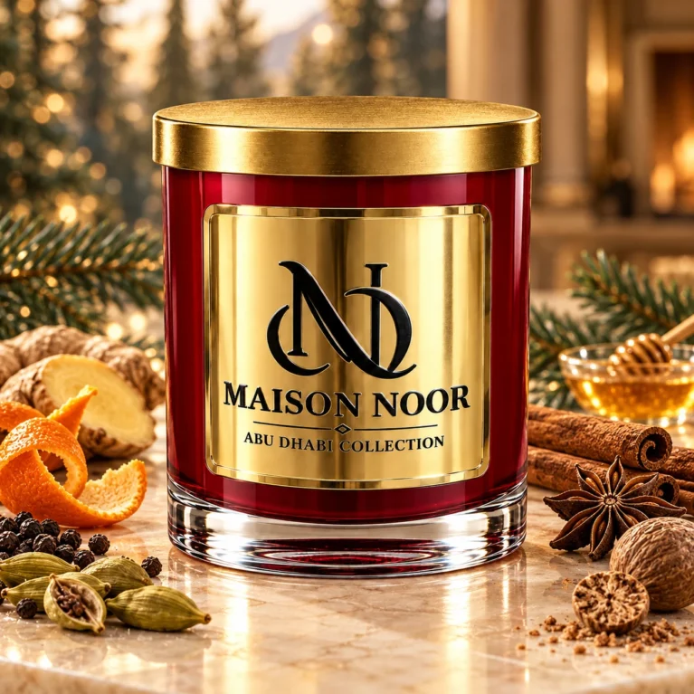Red MAISON NOOR candle with gold lid beside orange peel, ginger, cardamom, peppercorns, cinnamon, anise, nutmeg, honey and fir sprigs.