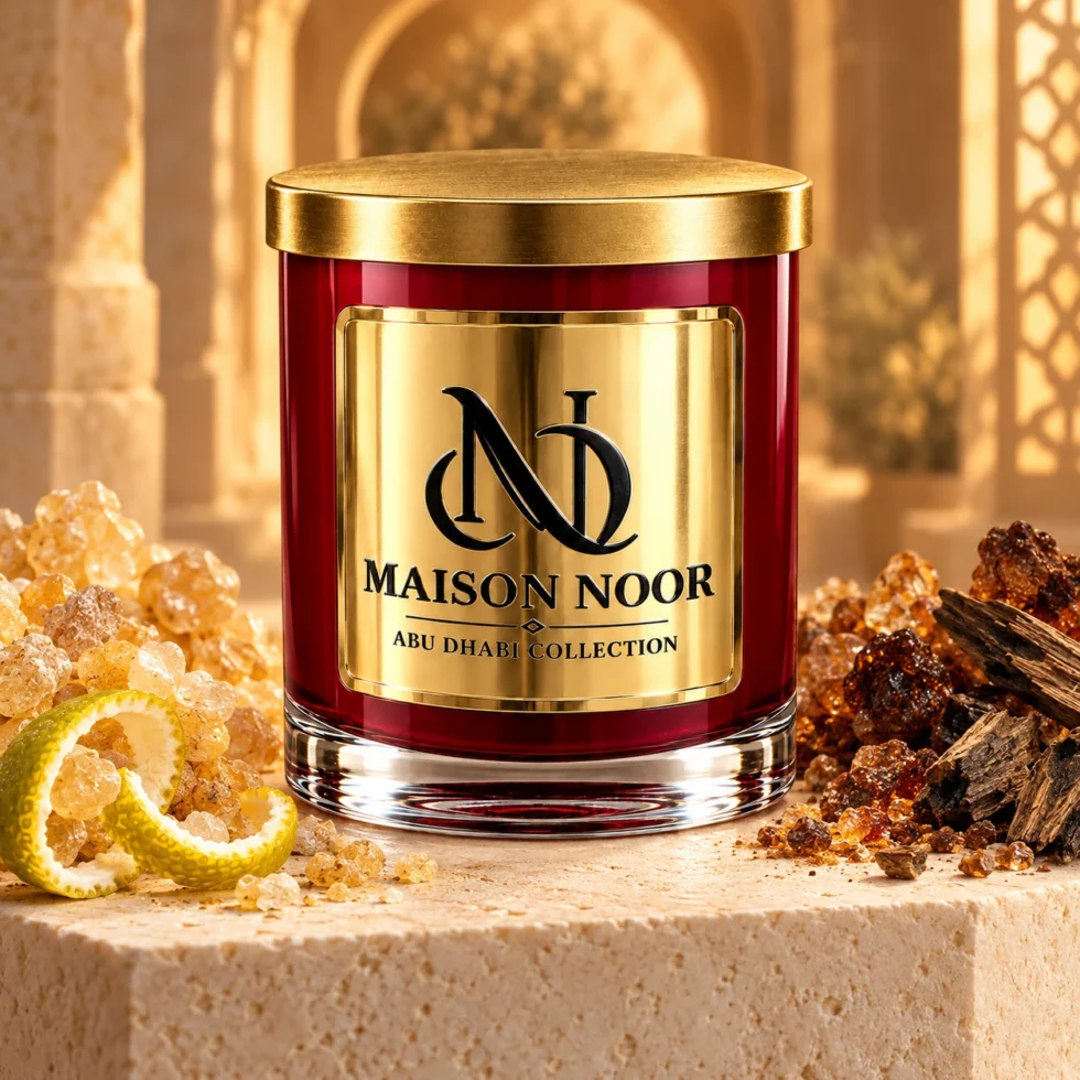 Red MAISON NOOR candle with gold lid beside pale frankincense resin, darker myrrh, oud wood and bergamot peel on ivory stone.