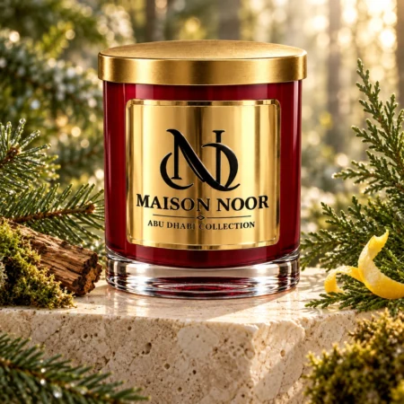 Red MAISON NOOR candle with gold lid framed by fir, cypress, cedar wood, moss and lemon peel on ivory stone.