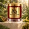 Red MAISON NOOR candle with gold lid framed by fir, cypress, cedar wood, moss and lemon peel on ivory stone.