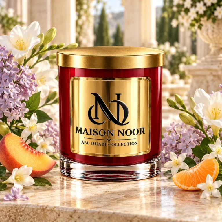 Red MAISON NOOR candle with gold lid surrounded by freesia, lilac, jasmine, peach and tangerine on ivory stone.