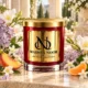 Red MAISON NOOR candle with gold lid surrounded by freesia, lilac, jasmine, peach and tangerine on ivory stone.