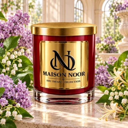 Red MAISON NOOR candle with gold lid surrounded by lilac, lily of the valley and honeysuckle in a bright conservatory.