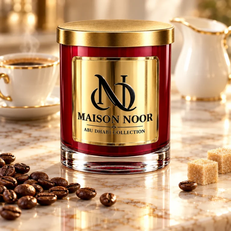 Red MAISON NOOR candle with gold lid beside roasted coffee beans and sugar cubes, with a coffee cup and cream pitcher behind.
