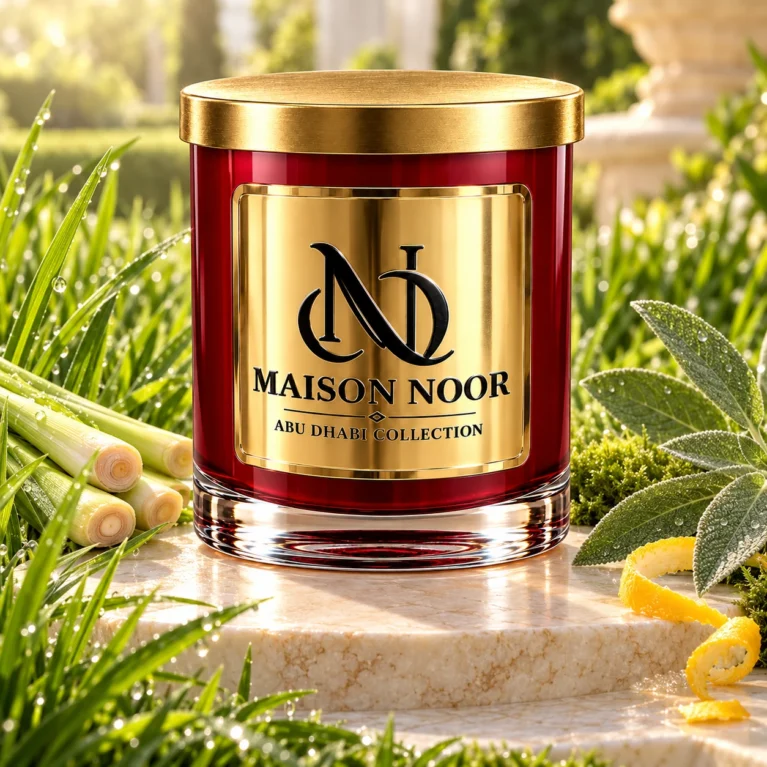Red MAISON NOOR candle with gold lid framed by fresh grass, lemongrass, sage, moss and citrus peel on ivory stone.