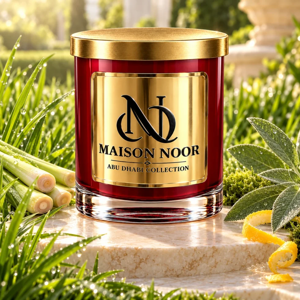 Red MAISON NOOR candle with gold lid framed by fresh grass, lemongrass, sage, moss and citrus peel on ivory stone.