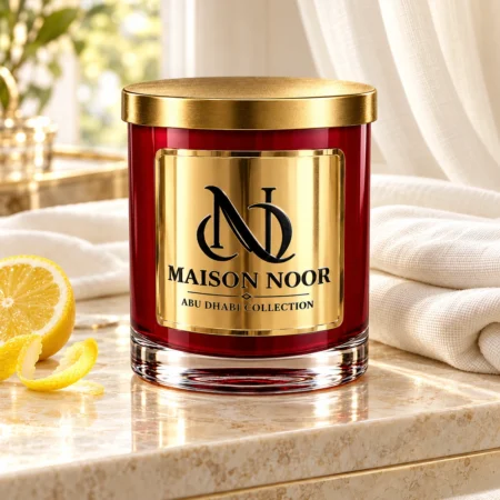 Red MAISON NOOR candle with gold lid on ivory stone beside folded linen and fresh lemon in soft daylight.