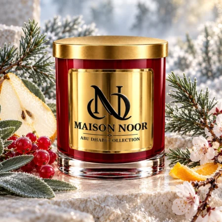 Red MAISON NOOR candle with gold lid beside frosted evergreen foliage, pear, red currants, sage, cherry blossom and citrus peel.