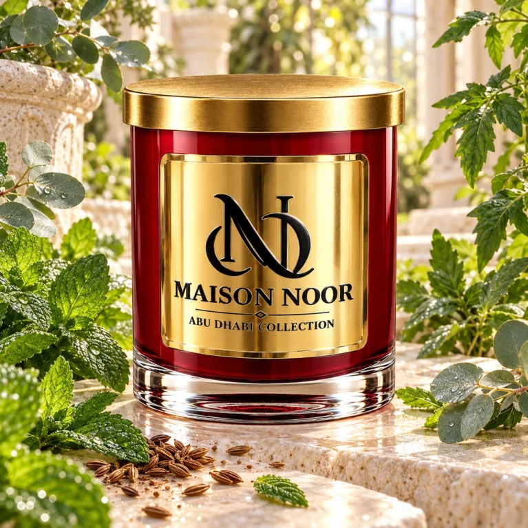 Red MAISON NOOR candle with gold lid framed by mint, eucalyptus and tomato leaves, with anise seeds on ivory stone.