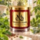 Red MAISON NOOR candle with gold lid framed by mint, eucalyptus and tomato leaves, with anise seeds on ivory stone.